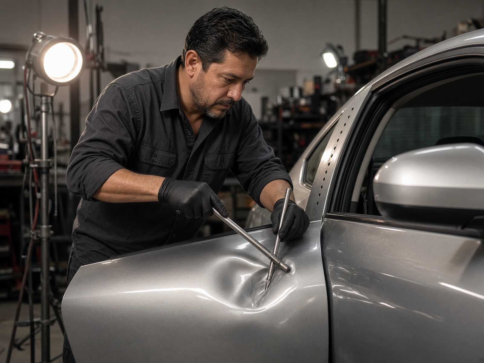 Técnico enderezando un panel de carrocería